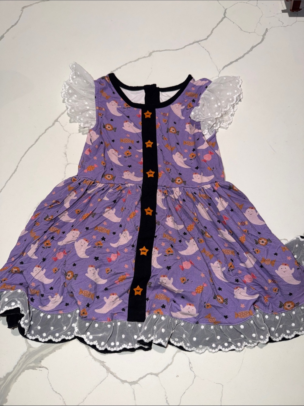 Love Lavender Ghost Print Dress with White Lace Sleeves